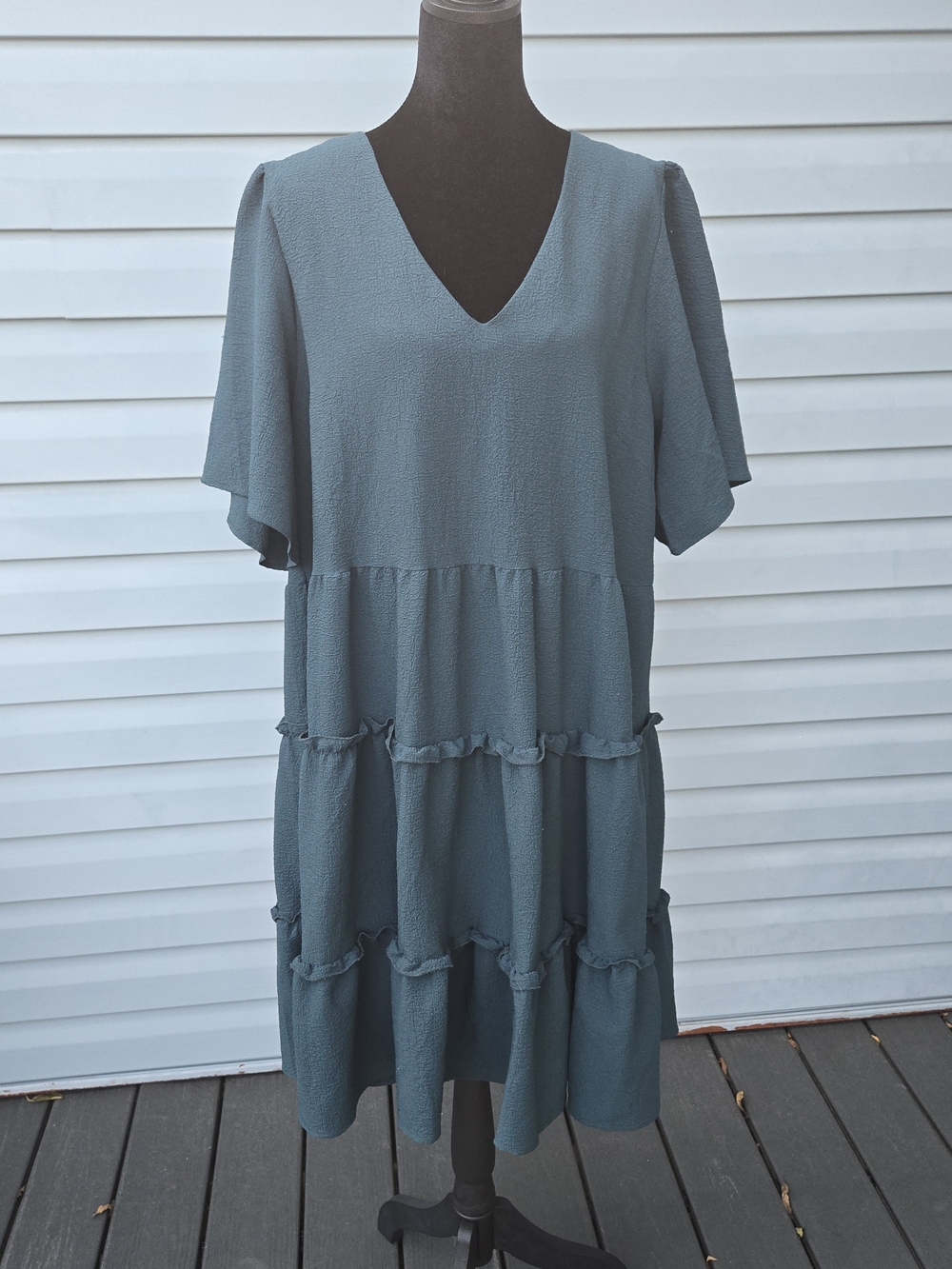 Arula Dark Teal Short Sleeve Tiered Mini Dress V-Neck Flutter Sleeve Size A (1X)